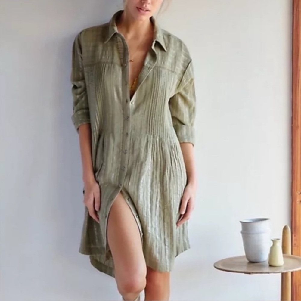Anthropologie Sage Green Textured Shirt Dress
